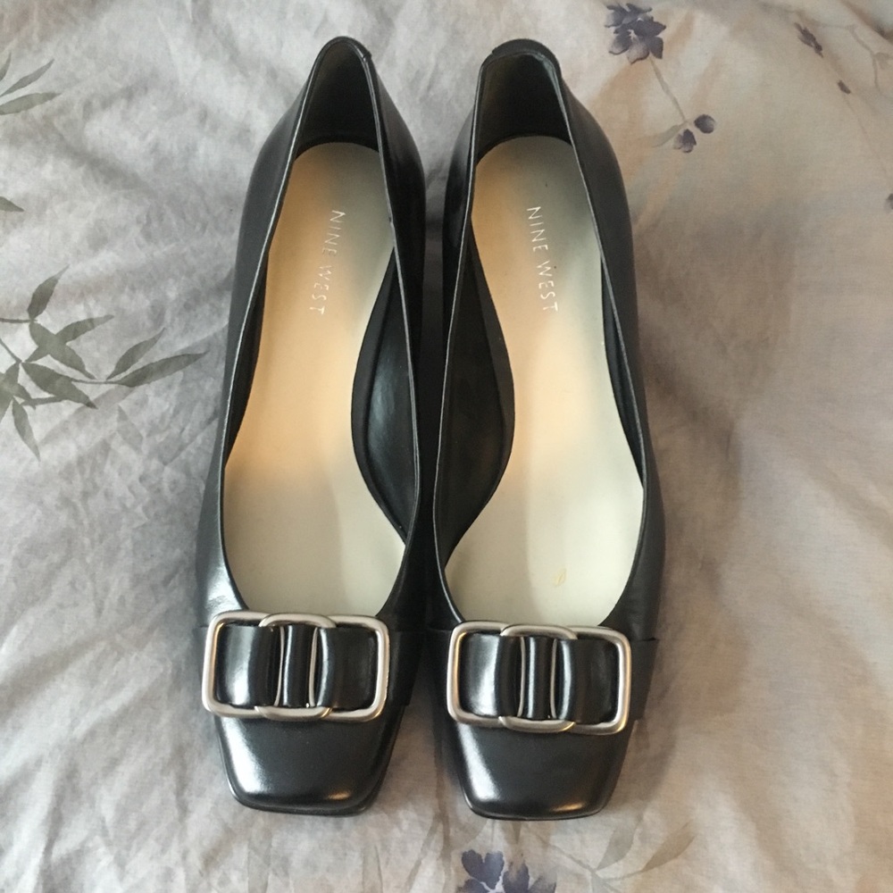 Nine West Leather Square-Toe Wedges With Buckle